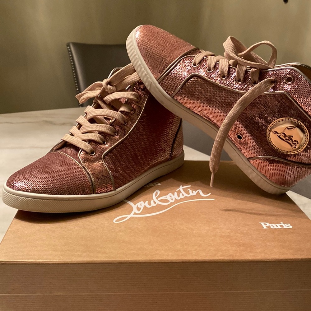 Rose Gold Christian Louboutin High Top Sequin Orlato Flat Sneaker. SZ 39-US 9.